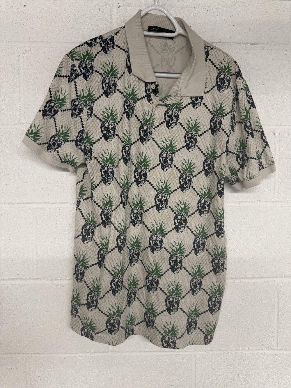 ELEVEN PARIS Polo Shirt Mens Large Skull Pineapple Hawaiian Gray Aloha N113